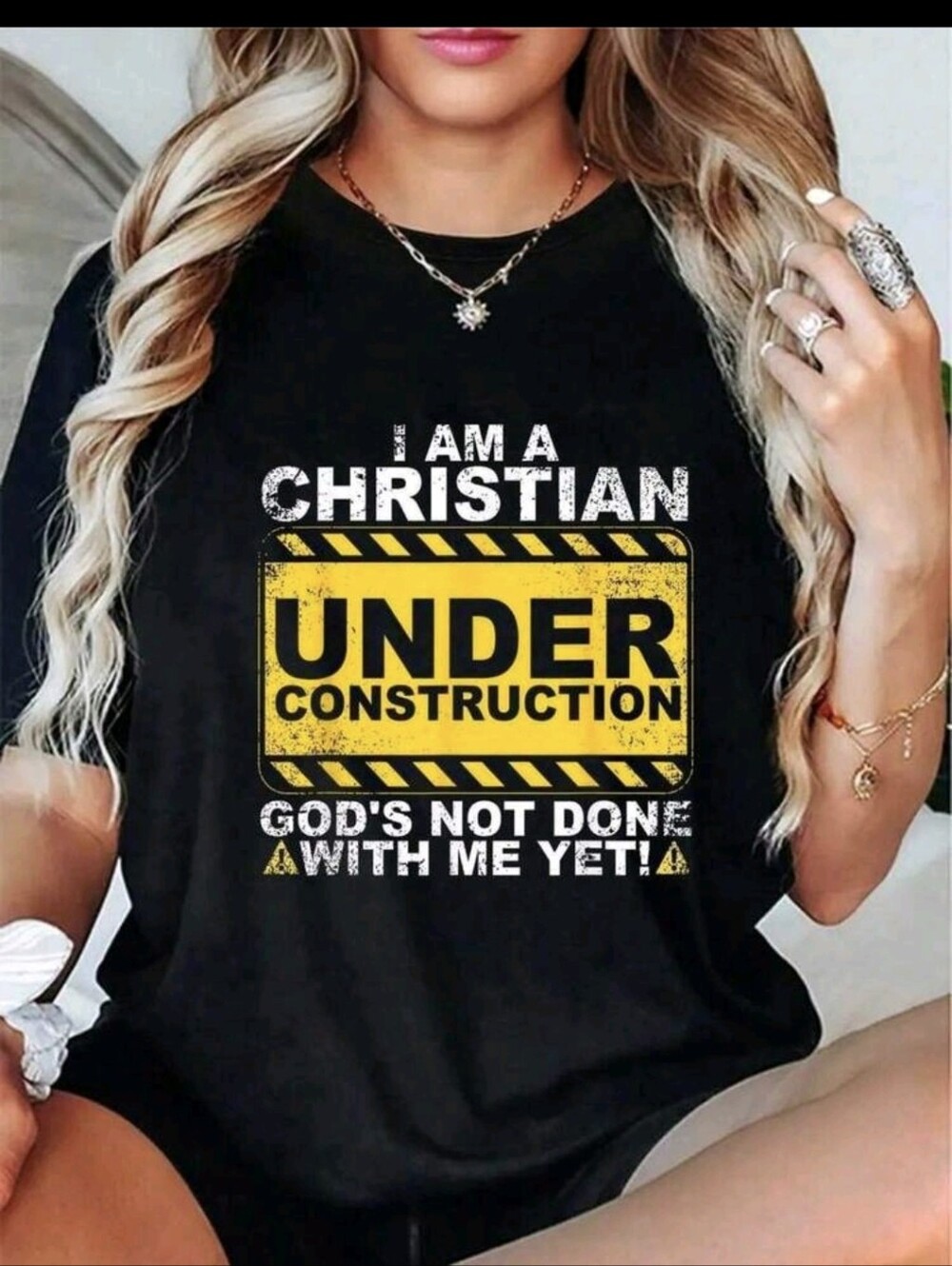 Christian 'Under Construction' Graphic Tee in Black and Yellow